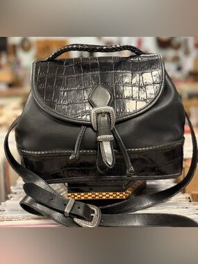 Vintage Brighton Black Leather Crossbody Bag with Embossed Trim